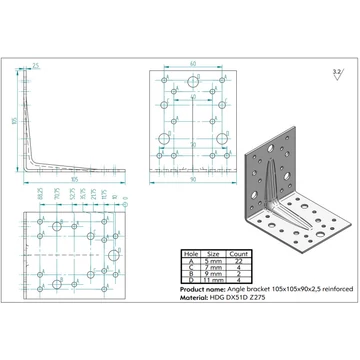 Erősített egyenlő szárú sarokösszekötő 105x105x90 mm,lv:2,5 mm 