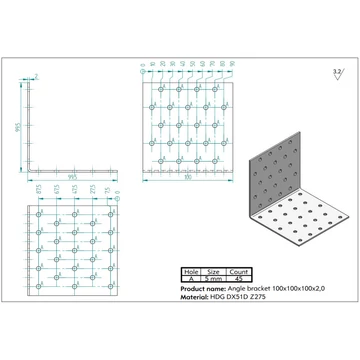 Perforált sarokösszekötő 100x100x100 mm, lv: 2 mm 