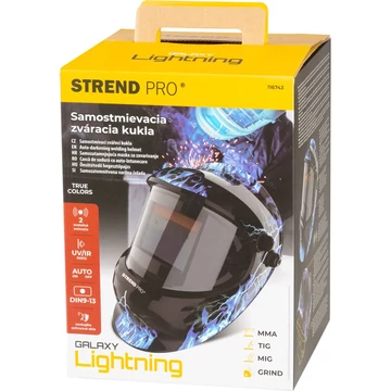 A Strend Pro Galaxy Lighting hegesztő fejpajzs professzionális védelmet nyújt hegesztési munkák során, miközben modern, villám mintás dizájnja látványos megjelenést biztosít. Az AutoDark önsötétítő szűrő automatikusan alkalmazkodik a fényviszonyokhoz, így