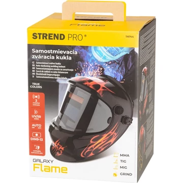 A Strend Pro Galaxy Flame hegesztő fejpajzs professzionális védelmet nyújt hegesztési munkák során, miközben modern, lángmintás dizájnjával stílusos megjelenést biztosít. Az AutoDark önsötétítő szűrő automatikusan igazodik a fényerősséghez, így folyamatos