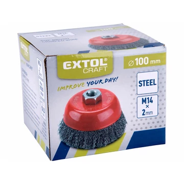 EXTOL CRAFT drótcsiszoló fazékkefe sarokcsiszolóhoz; M14×2 100mm, ford.: 8500, hullámos szálú