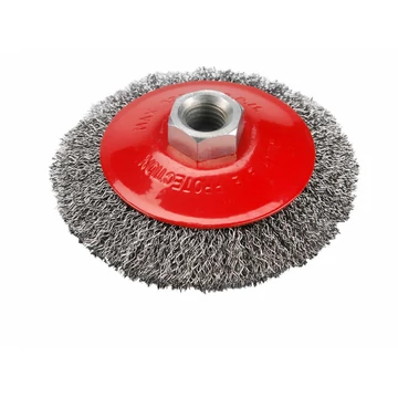 EXTOL CRAFT drótcsiszoló körkefe, kúpos; hullámos szálú ; sarokcsiszolóhoz, M14×2 100mm, ford.: 12500 EXTOL CRAFT drótcsiszoló körkefe, kúpos; hullámos szálú ; sarokcsiszolóhoz, M14×2 100mm, ford.: 12500