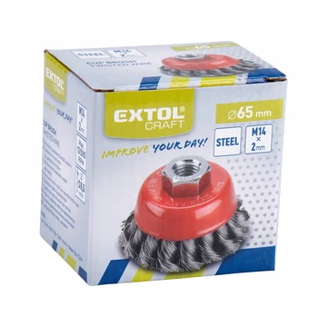 EXTOL CRAFT drótcsiszoló fazékkefe (sarokcsiszolóra) ; sodrott erős 65mm, max. 12500 ford/perc, 0,5 mm szálvastagság
