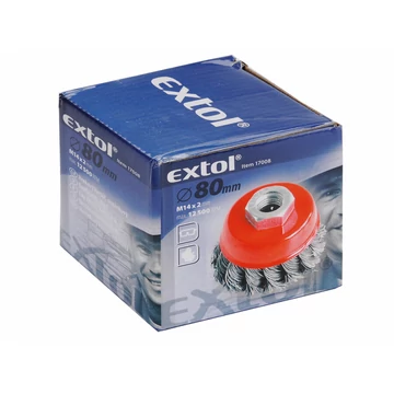 EXTOL CRAFT drótcsiszoló fazékkefe (sarokcsiszolóra) ; sodrott erős 80mm, max. 12500 ford/perc