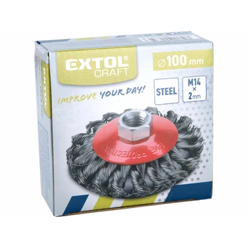 EXTOL CRAFT drótcsiszoló körkefe (sarokcsiszolóra) ; M14, sodrott erős, 100mm, kúpos, max. 11000 ford/perc