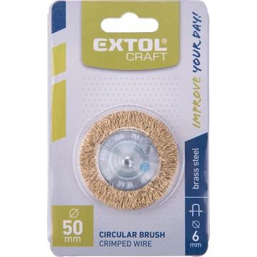 EXTOL CRAFT Drótcsiszoló körkefe (fúrógéphez), száras, 50mm, 6mm csap, hullámos szálú, rezezett acél, max 7500 frod/perc