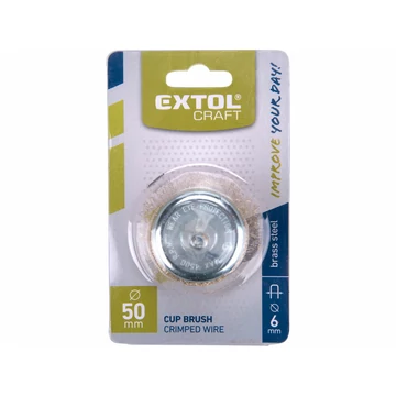 EXTOL CRAFT drótcsiszoló fazékkefe, csapos; 50mm, O 6mm-es csap, fúróba fogható, hullámos szálú, rezezett acél, max 4500 ford/perc