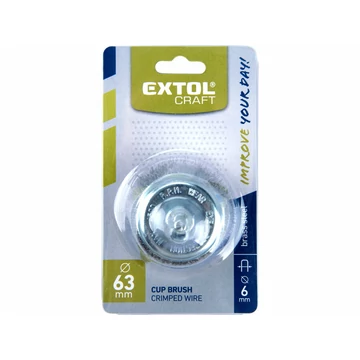 EXTOL CRAFT drótcsiszoló fazékkefe, csapos; 63mm, O 6mm-es csap, fúróba fogható, hullámos szálú, rezezett acél, max 4500 ford/perc