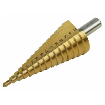 EXTOL CRAFT lépcsős fémfúró, 15 lépcsős; (4-32mm, 2mm lépcsők), befogás: 10mm, max. 5mm vastag anyagokhoz, TiN bevonat