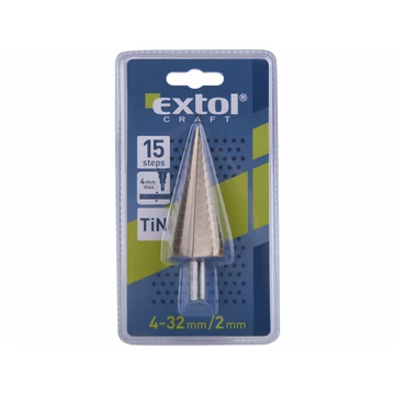 EXTOL CRAFT lépcsős fémfúró, 15 lépcsős; (4-32mm, 2mm lépcsők), befogás: 10mm, max. 5mm vastag anyagokhoz, TiN bevonat