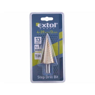 EXTOL PREMIUM lépcsős fémfúró, 13 lépcsős; (4-39mm, 3mm lépcsők), befogás: 13mm, max. 4mm vastag anyagokhoz, TiN bevonat