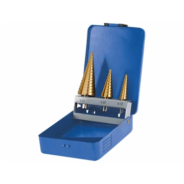 EXTOL PREMIUM  lépcsős fémfúró klt. 3db; (4-12mm/1mm lépcsők,4-20mm/2mm,4-32mm/2mm) befogás:10mm, max.4mm vastag anyagokhoz,TiN bevonat