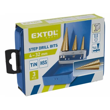 EXTOL PREMIUM  lépcsős fémfúró klt. 3db; (4-12mm/1mm lépcsők,4-20mm/2mm,4-32mm/2mm) befogás:10mm, max.4mm vastag anyagokhoz,TiN bevonat