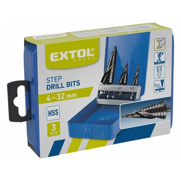 EXTOL PREMIUM  lépcsős fémfúró klt. 3db; (4-12mm/1mm lépcsők,4-20mm/2mm,4-32mm/2mm) befogás:10mm, max.4mm vastag anyagokhoz, spirállal