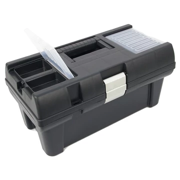 Szerszámosláda, műanyag, alucsatos, tálcával, fekete, lakatolható; 16", 415×220×200mm,  rendező felül Szerszámosláda, műanyag, alucsatos, tálcával, fekete, lakatolható; 16", 415×220×200mm,  rendező felül