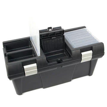 Szerszámosláda, műanyag, alucsatos, tálcával, fekete, lakatolható; 20", 525×255×245mm, rendező felül Szerszámosláda, műanyag, alucsatos, tálcával, fekete, lakatolható; 20", 525×255×245mm, rendező felül