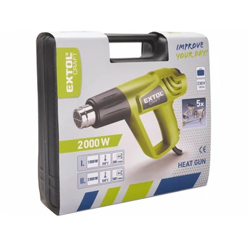 EXTOL CRAFT hőlégfúvó, 2000W két fokozatú, 1000W/2000W; 350/550°C, 300/500 L/perc, kofferban, tartozékokkal
