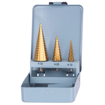 Lépcsős fúró készlet Strend Pro SS421, 4-12, 4-20, 4-32 mm, TiN, HSS 4241 egyenes, fémbe Lépcsős fúró készlet Strend Pro SS421, 4-12, 4-20, 4-32 mm, TiN, HSS 4241 egyenes, fémbe