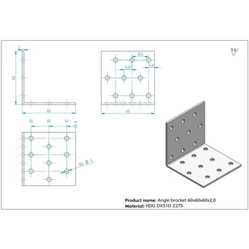 Perforált sarokösszekötő 60x60x60 mm, lv: 2 mm 