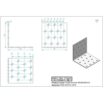 Perforált sarokösszekötő 80x80x80 mm, lv: 2 mm 