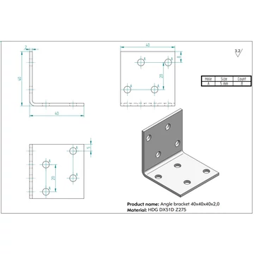 Perforált sarokösszekötő 40x40x40 mm, lv: 2 mm 