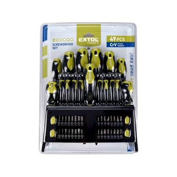 Extol Craft csavarhúzó klt. 49 db, CrV, mágneses, 4db lapos + 4 db PH + 8 db órás csavarhúzó + BIT-ek, műa. tartóállvány, bliszteren