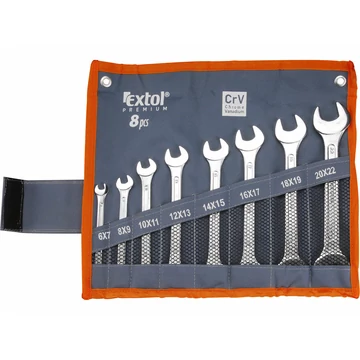 EXTOL PREMIUM Villáskulcs klt., CrV., vászon tartóban; 8db, 6-22mm
