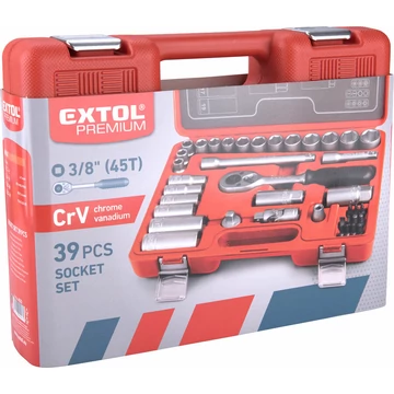 EXTOL PREMIUM  dugókulcs készlet,  CV., racsnis 45fog ; 3/8", 39db, normál(8-22mm) és hosszú(8-19mm) dugófejek, gyertyakulcs 16&amp;21mm, 11 bi