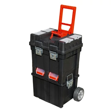 Szerszámosláda  kerekes, profi erős, műanyag 495×350×712mm, fémcsatos, tálcával, fekete, lakatolható Szerszámosláda  kerekes, profi erős, műanyag 495×350×712mm, fémcsatos, tálcával, fekete, lakatolható