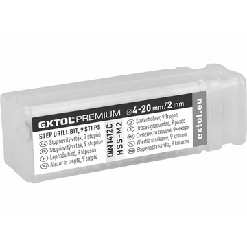 EXTOL CRAFT lépcsős fémfúró HSS, 9 lépcsős (4-20mm, 2mm lépcsők), befogás: 8mm
