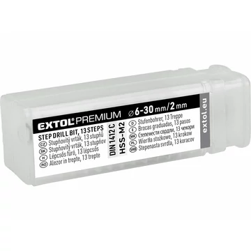 EXTOL CRAFT lépcsős fémfúró HSS, 13 lépcsős (6-30mm, 2mm lépcsők), befogás: 10mm