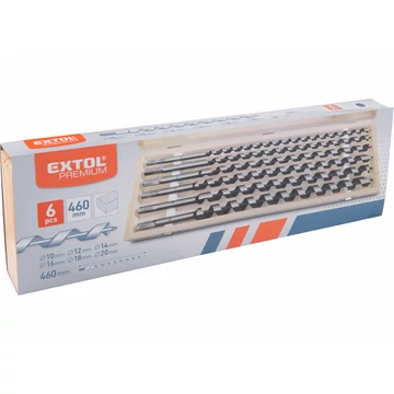 EXTOL PREMIUM  fafúró klt. 6 db, 10-12-14-16-18-20×460mm, csavaros heggyel, hatszög befogás; fa dobozban