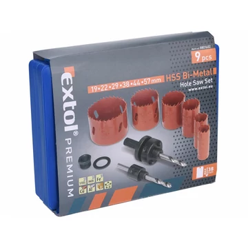EXTOL PREMIUM körkivágó klt., HSS Bi-metál, 9db-os, (19-22-29-38-44-57mm) műanyag,fa,gipszkarton,ALU,réz,vas, acél, rozsdamentesacél