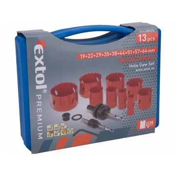 EXTOL PREMIUM körkivágó klt.,HSS Bi-metál,13db-os,(19-22-29-35-38-44-51-57-64mm) műanyag,fa,gipszk.,ALU,réz, vas,acél,rozsdamentesa.