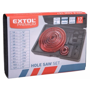 EXTOL PREMIUM körkivágó klt., 17 db-os, (19-22-25-32-38-44-51- 60-67-73-82-102-127mm) műanyag, fa, gipszkarton