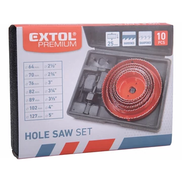 EXTOL PREMIUM körkivágó klt., 10 db-os, (64-70-76-82-89-102-127mm) műanyag, fa, gipszkarton