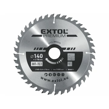 EXTOL PREMIUM körfűrészlap, keményfémlapkás, 140×16mm(lyuk átm), T30; 2,8mm lapkaszélesség, max. 9000 ford/perc EXTOL PREMIUM körfűrészlap, keményfémlapkás, 140×16mm(lyuk átm), T30; 2,8mm lapkaszélesség, max. 9000 ford/perc
