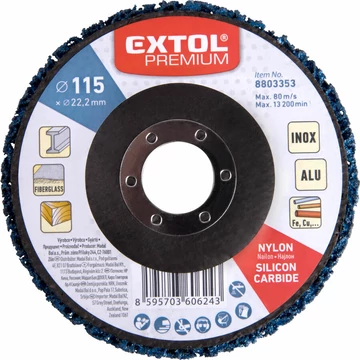 EXTOL PREMIUM csiszolókorong sarokcsiszolóhoz ("négertárcsa"), 115mm, 14 mm vastagság, üvegszálas hátlap, nylon és szilícium-karbid