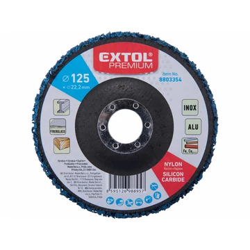 EXTOL PREMIUM csiszolókorong sarokcsiszolóhoz ("négertárcsa"), 125mm, 14 mm vastagság, üvegszálas hátlap, nylon és szilícium-karbid