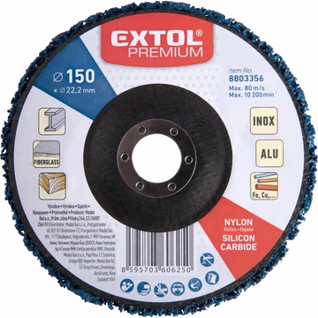 EXTOL PREMIUM csiszolókorong sarokcsiszolóhoz ("négertárcsa"), 150mm, 14 mm vastagság, üvegszálas hátlap, nylon és szilícium-karbid