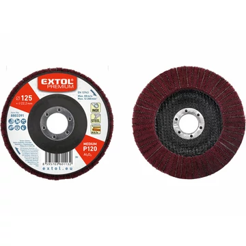 EXTOL PREMIUM lamellás csiszoló INOX, acél és ALU munkadarabok csiszolására, 125×22mm; P120 (darabáras, de csak ötösével rendelhető) EXTOL PREMIUM lamellás csiszoló INOX, acél és ALU munkadarabok csiszolására, 125×22mm; P120 (darabáras, de csak ötösével rendelhető)