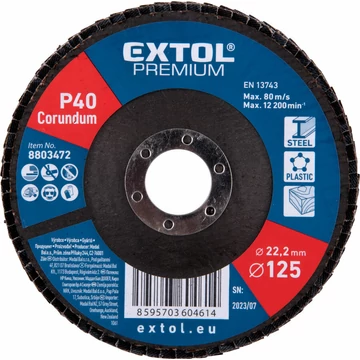 EXTOL PREMIUM lamellás csiszoló acél, Alu, műa. és fa munkadarabok csiszolására, 125×22mm; P40, kúpos, max.:12.300 ford./perc, EN13743 EXTOL PREMIUM lamellás csiszoló acél, Alu, műa. és fa munkadarabok csiszolására, 125×22mm; P40, kúpos, max.:12.300 ford./perc, EN13743