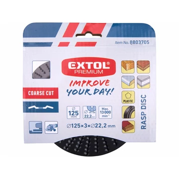 EXTOL PREMIUM faforgácsoló korong; max 13000 ford/perc, sarokcsiszolóhoz, fém, 125×22,2mm, fa csiszolásához, szakaszos használat