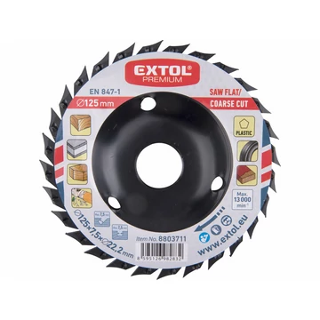 EXTOL PREMIUM faforgácsoló korong; max 13000 ford/perc, sarokcsiszolóhoz, fém, 125×22,2mm, fa vágás/csiszolásához