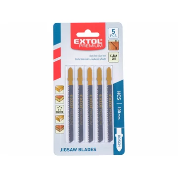 EXTOL PREMIUM dekopírlap, 5db, Bosch befogás, HCS; 75×8×1,5mm, 2,5mm fogtáv, köszörült fogak, puhafához, farostlemezekhez (3-30mm), mű