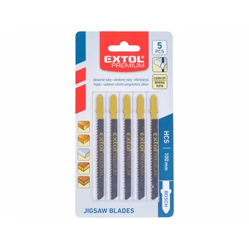 EXTOL PREMIUM dekopírlap, 5db, Bosch befogás, HCS; 75×8×1,5mm, 2,5mm fogtáv, köszörült, fordított állású fogak, egyenes vágás, puhafáh