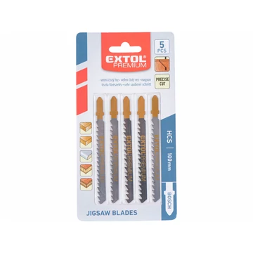 EXTOL PREMIUM dekopírlap, 5db, Bosch befogás, HCS; 75×8×1,5mm, 4mm fogtáv, köszörült fogak, hosszú egyenes vágás, puhafa, farostlemeze
