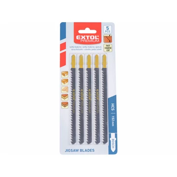 EXTOL PREMIUM dekopírlap, 5db, Bosch befogás, HCS; 126×9×1,5mm, 4mm fogtáv, köszörült fogak, egyenes durva gyorsvágás, puhafához, faro
