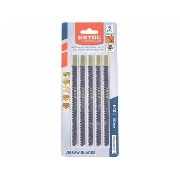 EXTOL PREMIUM dekopírlap, 5db, univerzális befogás, HCS; 126×9×1,5mm, 4mm fogtáv, kösz. fogak, egyenes durva gyorsvágás, puhafához, fa
