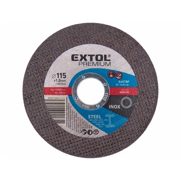 EXTOL PREMIUM vágókorong acélhoz/inoxhoz, kék; 115×1,0×22,2mm, max 13300 ford/perc